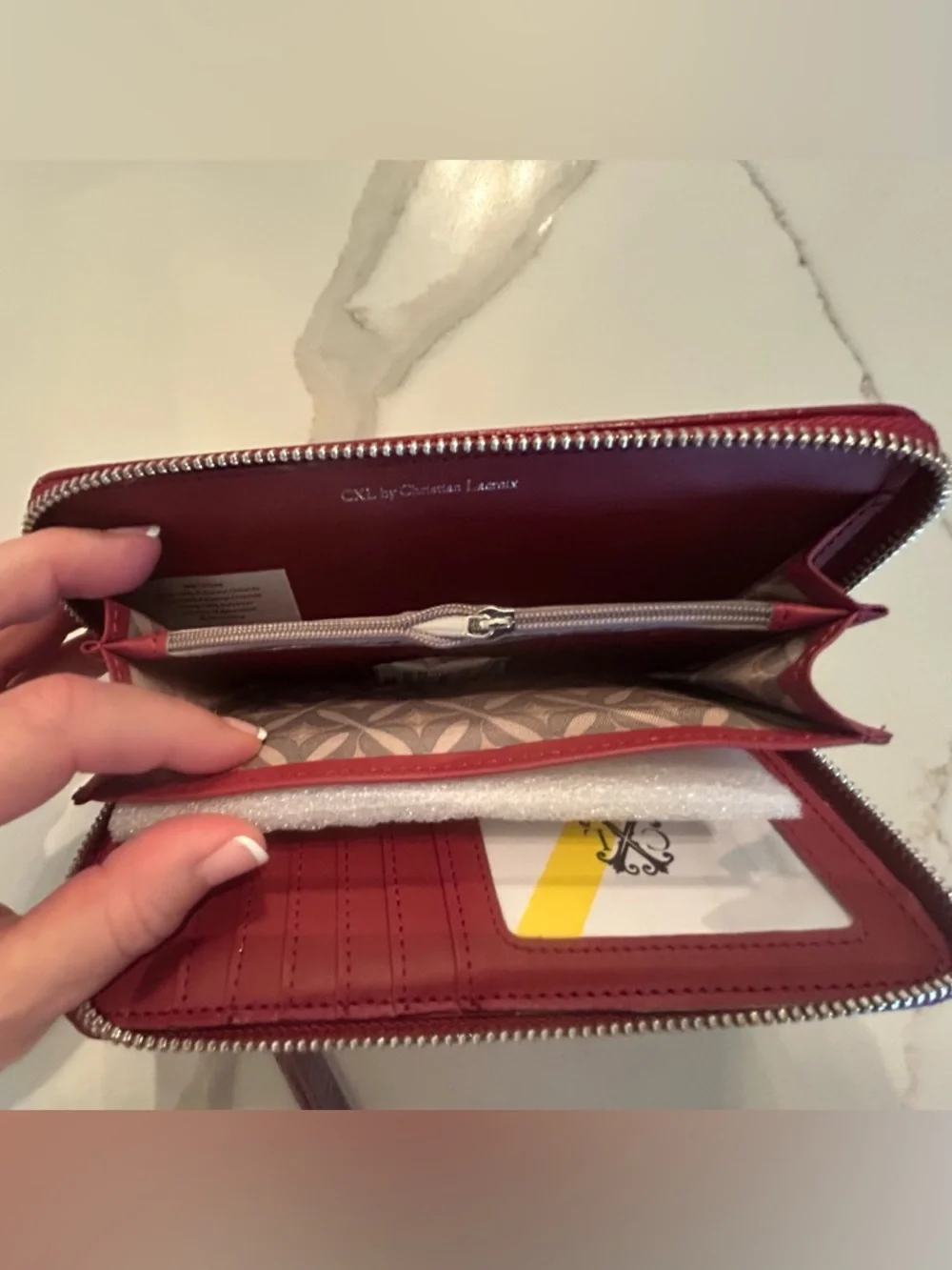 CXL Christian Lacroix faux crocco leather maroon red zip around wallet wristlet